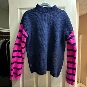 LOFT Navy Sweater with Pink Striped Sleeves